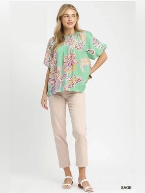 Umgee Paisley Print Puff Sleeve Top Sage Boho Oversized Blouse🛍️